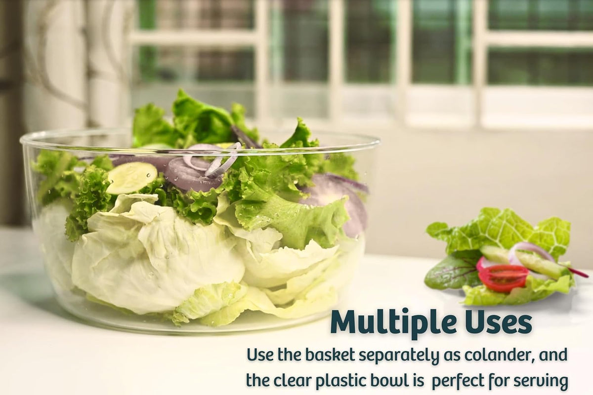 Salad Spinner – Large Clear Bowl with Drain and Colander – Multi-use Vegetable Dryer, Lettuce Spinner, Fruit Washer, Salad Mixer, Pasta & Fries Spinner - 4.2 Qt