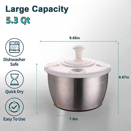 Salad Spinner Drainable Quick Spin Fruit Vegetable Dryer | 5.3 quart large capacity stainless steel multifunctional colander washer with drain outlet to clean fruits quickly