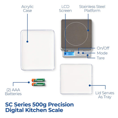 SC Series Precision Digital Kitchen Weight Scale, Food Measuring Scale, 2kg x 0.1g (Silver), AMW-SC-2KG (500g x 0.01g)