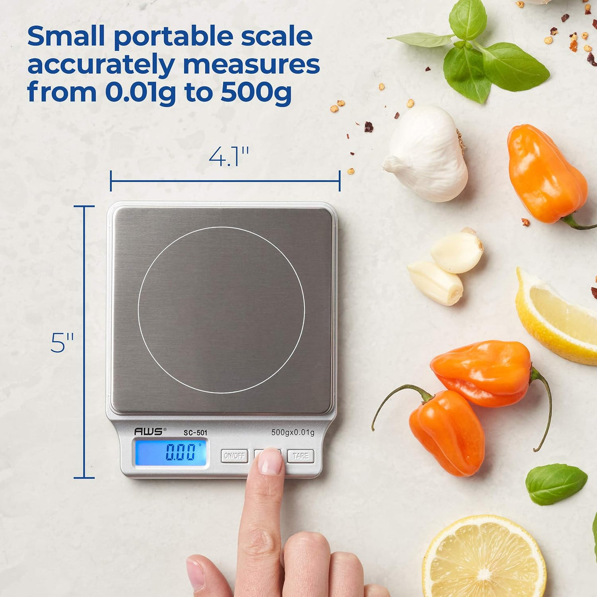 SC Series Precision Digital Kitchen Weight Scale, Food Measuring Scale, 2kg x 0.1g (Silver), AMW-SC-2KG (500g x 0.01g)