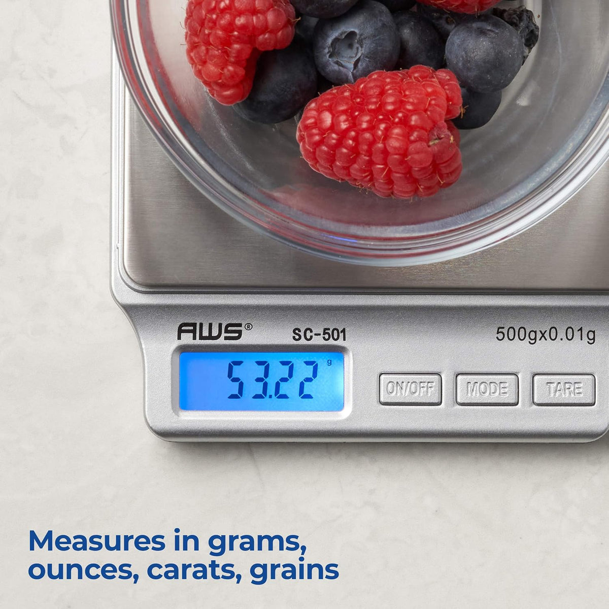 SC Series Precision Digital Kitchen Weight Scale, Food Measuring Scale, 2kg x 0.1g (Silver), AMW-SC-2KG (500g x 0.01g)