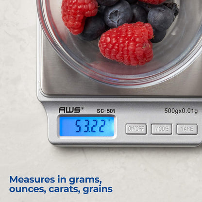 SC Series Precision Digital Kitchen Weight Scale, Food Measuring Scale, 2kg x 0.1g (Silver), AMW-SC-2KG (500g x 0.01g)