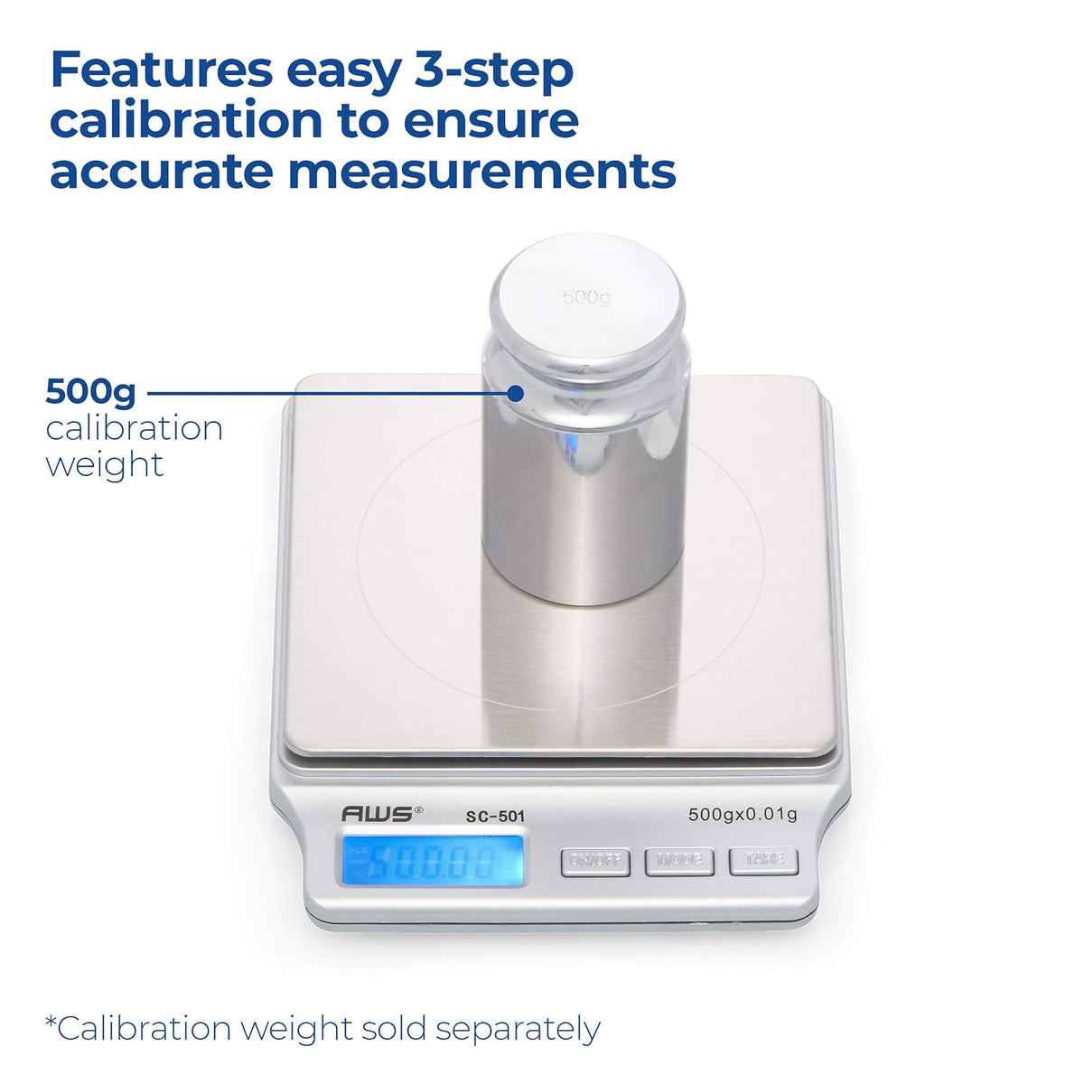 SC Series Precision Digital Kitchen Weight Scale, Food Measuring Scale, 2kg x 0.1g (Silver), AMW-SC-2KG (500g x 0.01g)