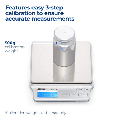 SC Series Precision Digital Kitchen Weight Scale, Food Measuring Scale, 2kg x 0.1g (Silver), AMW-SC-2KG (500g x 0.01g)