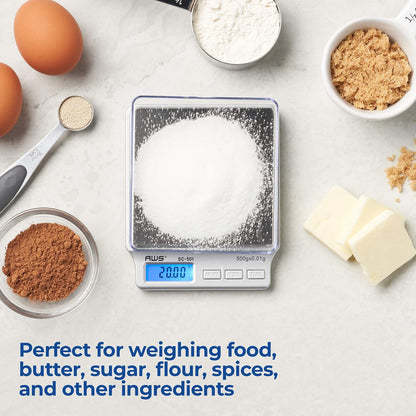 SC Series Precision Digital Kitchen Weight Scale, Food Measuring Scale, 2kg x 0.1g (Silver), AMW-SC-2KG (500g x 0.01g)