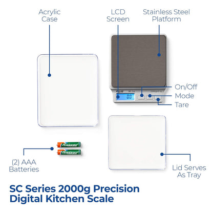 SC Series Precision Digital Kitchen Weight Scale, Food Measuring Scale, 2kg x 0.1g (Silver), AMW-SC-2KG (500g x 0.01g)