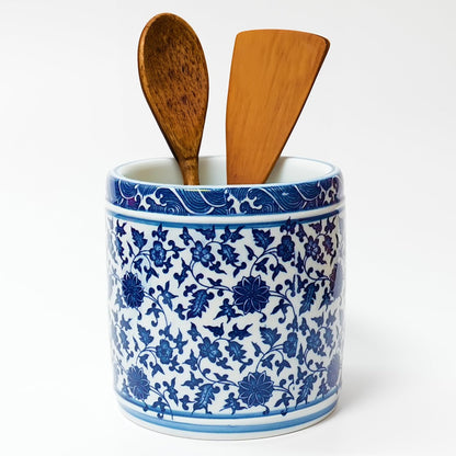 Kitchen Utensil Holder for Kitchen Countertop, Ceramic Cooking Utensils Holder, Large Utensil Crock, Spatula Holder for Counter, Blue and White Tool Holder