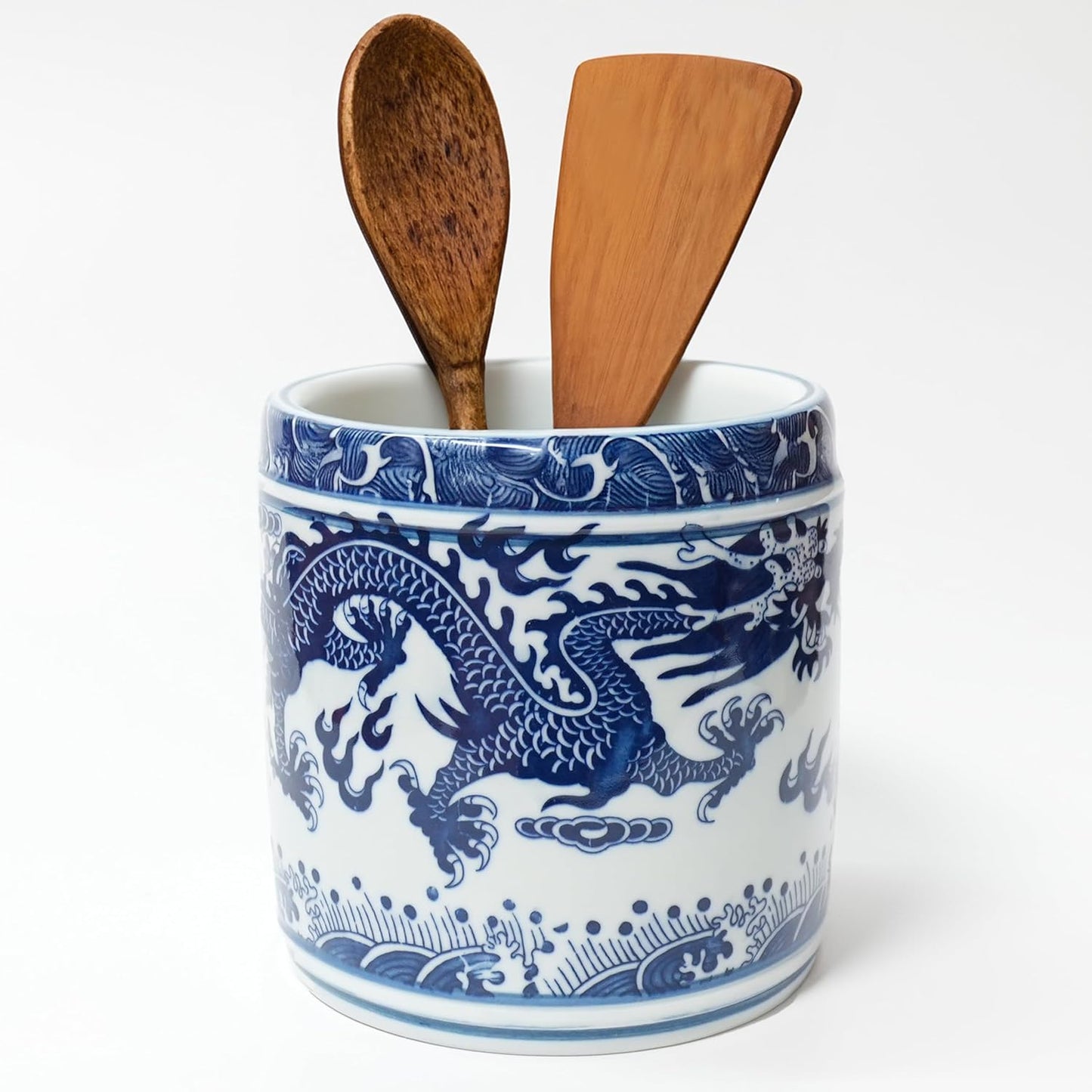Kitchen Utensil Holder for Kitchen Countertop, Ceramic Cooking Utensils Holder, Large Utensil Crock, Spatula Holder for Counter, Blue and White Tool Holder