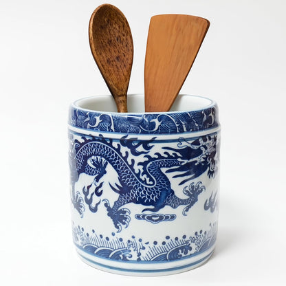 Kitchen Utensil Holder for Kitchen Countertop, Ceramic Cooking Utensils Holder, Large Utensil Crock, Spatula Holder for Counter, Blue and White Tool Holder