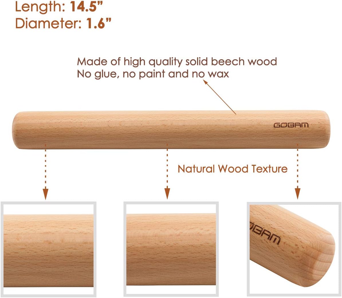 Wood Rolling Pin, Small - Dough Roller for Pasta, Cookies, Pie, Pizza, Chapati, Fondant, Rolling Pins for Baking, Bread Making Tools and Supplies - 11 x 1.38 Inches