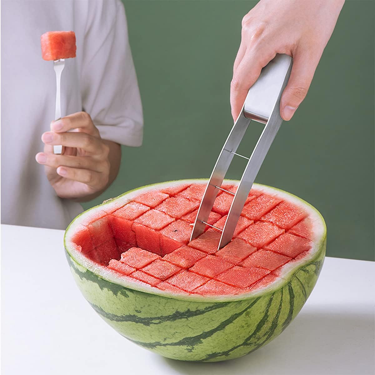 [Good Grip] Watermelon Cutter Slicer Stainless Steel,Cube Cutter Corer Fruit Vegetable Tools Knife Melon Baller for Kitchen Gadget