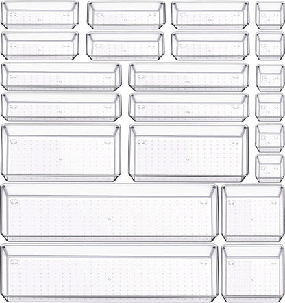 6 Pcs Large Size Clear Drawer Organizer Set, Acrylic Non Slip Non Cracking Kitchen Drawer Storage Tray Divider, Multifunctional Storage for Cosmetics, Bathroom, Tools, Kitchen and Office