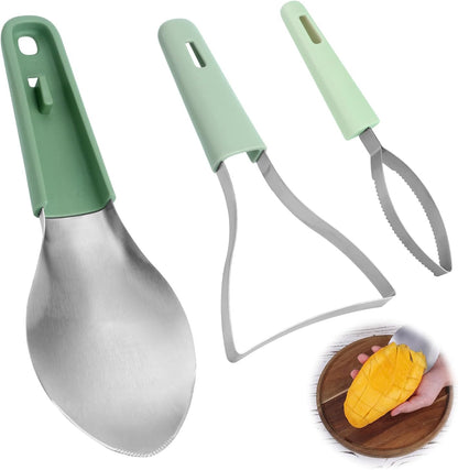 3-in-1 Mango Cutter Tool, Stainless Steel Multifunctional Fruit Slicer Mango Peeler Splitter Corer Pit Remover for Watermelon Dragon Fruit Papaya Avocado Kiwi Kitchen Gadgets