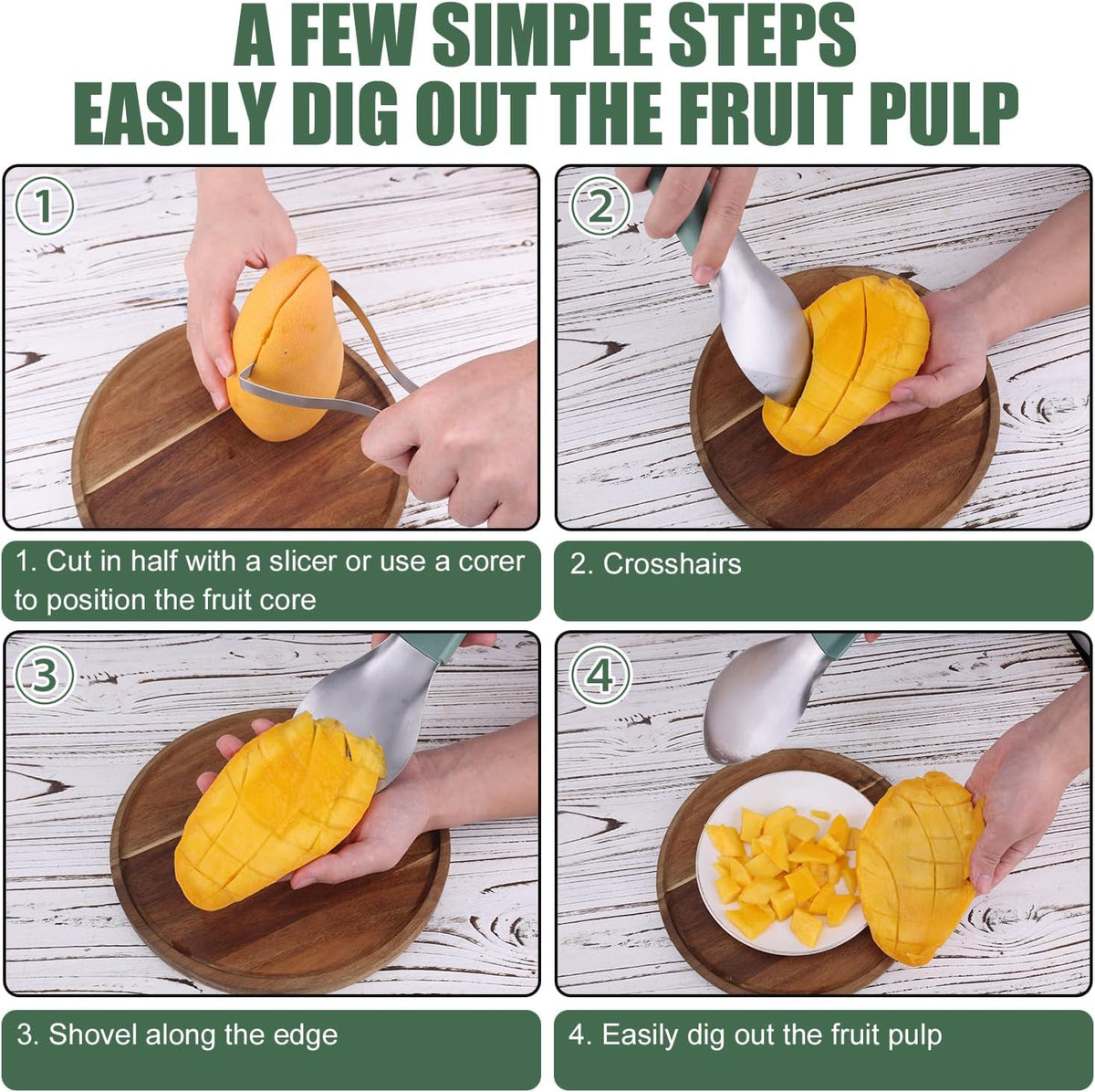 3-in-1 Mango Cutter Tool, Stainless Steel Multifunctional Fruit Slicer Mango Peeler Splitter Corer Pit Remover for Watermelon Dragon Fruit Papaya Avocado Kiwi Kitchen Gadgets