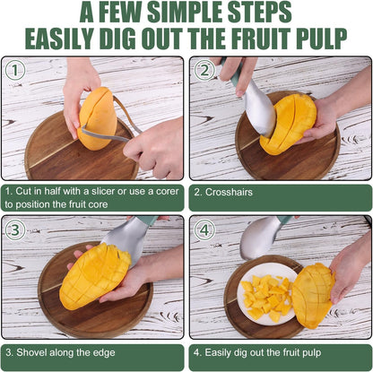 3-in-1 Mango Cutter Tool, Stainless Steel Multifunctional Fruit Slicer Mango Peeler Splitter Corer Pit Remover for Watermelon Dragon Fruit Papaya Avocado Kiwi Kitchen Gadgets