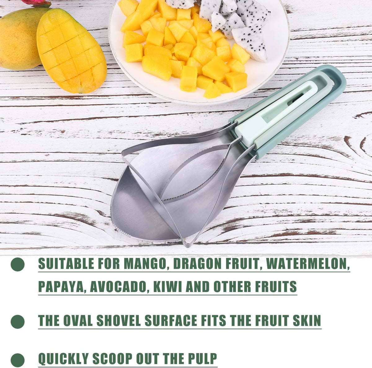 3-in-1 Mango Cutter Tool, Stainless Steel Multifunctional Fruit Slicer Mango Peeler Splitter Corer Pit Remover for Watermelon Dragon Fruit Papaya Avocado Kiwi Kitchen Gadgets