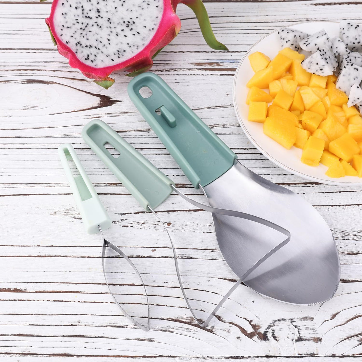 3-in-1 Mango Cutter Tool, Stainless Steel Multifunctional Fruit Slicer Mango Peeler Splitter Corer Pit Remover for Watermelon Dragon Fruit Papaya Avocado Kiwi Kitchen Gadgets