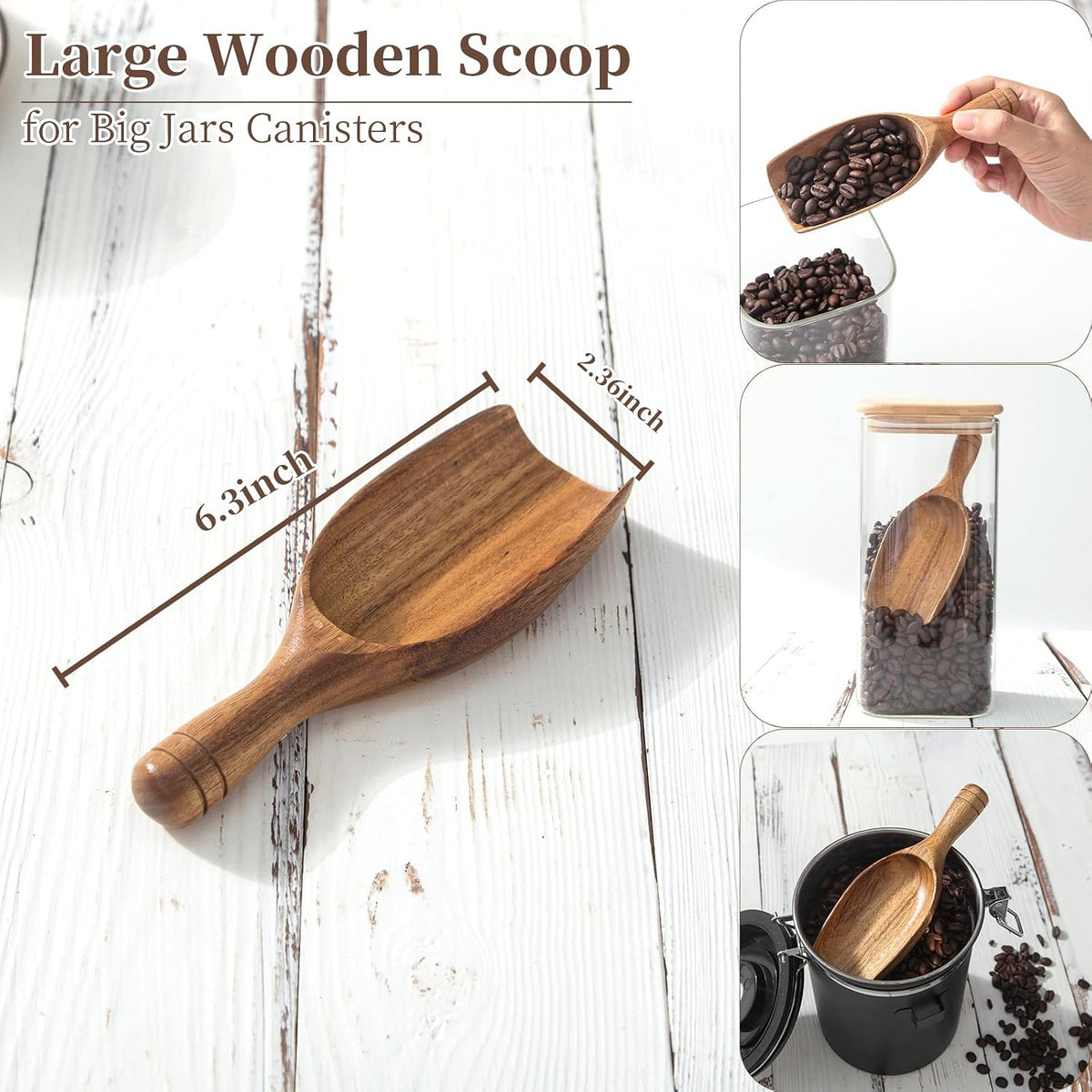 Big Wooden Coffee Scoop, Large Coffee Scoops for Ground Coffee Beans, Acacia Wood Shovel Spoons Multipurpose for Jars Canisters,Kitchen Scooping Tool Salts Spice Pepper Powder Tea Shovels