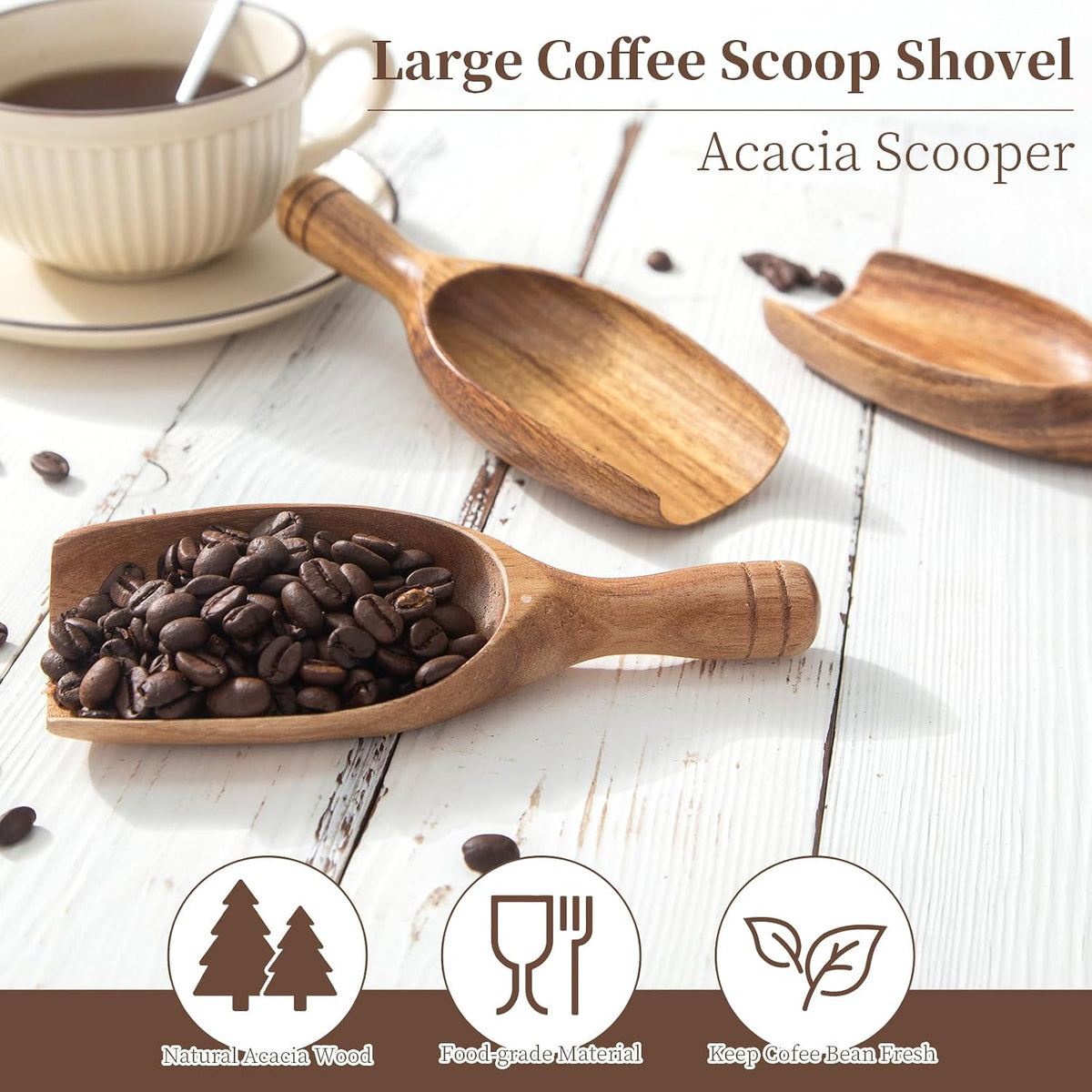 Big Wooden Coffee Scoop, Large Coffee Scoops for Ground Coffee Beans, Acacia Wood Shovel Spoons Multipurpose for Jars Canisters,Kitchen Scooping Tool Salts Spice Pepper Powder Tea Shovels