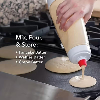 2-Pack Pancake Batter Dispenser Squeeze Bottle with Cleaning Brush & Spatula - Wide Mouth Batter Mixer for Cupcakes, Waffles, Crepes - Mess-Free Baking Tool, 32 oz, BPA-Free