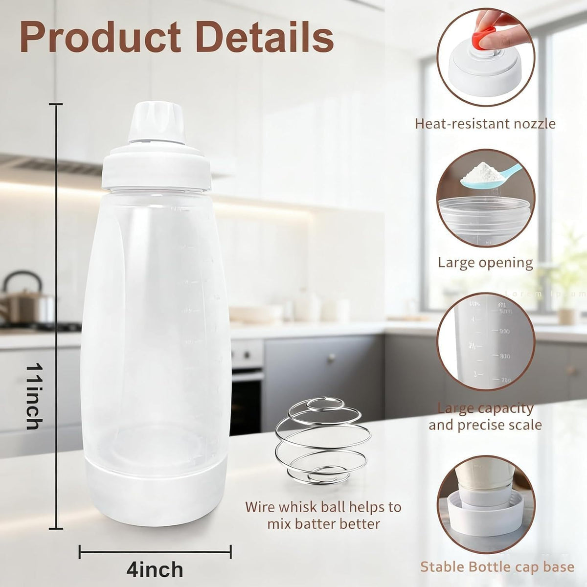2-Pack Pancake Batter Dispenser Squeeze Bottle with Cleaning Brush & Spatula - Wide Mouth Batter Mixer for Cupcakes, Waffles, Crepes - Mess-Free Baking Tool, 32 oz, BPA-Free