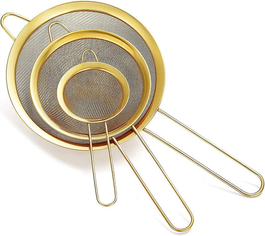 Gold Fine Mesh Strainer 3 Pieces Set, Golden Flour Sifter For Baking, Stainless Steel Clander, Gold Matcha Tea Strainer, Gravy Separator, Stasher Sieve Pasta Strainers