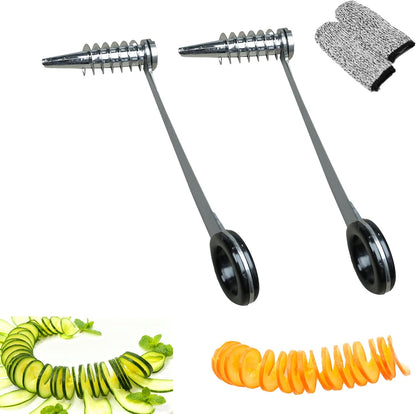 2 Pcs Stainless Steel Spiral Slicers, Portable Manual Cutter, Piranha Spiral Cutter Tool for Melon Fruit Potato Cucumber Carrot Vegetables Kitchen Accessories Tool