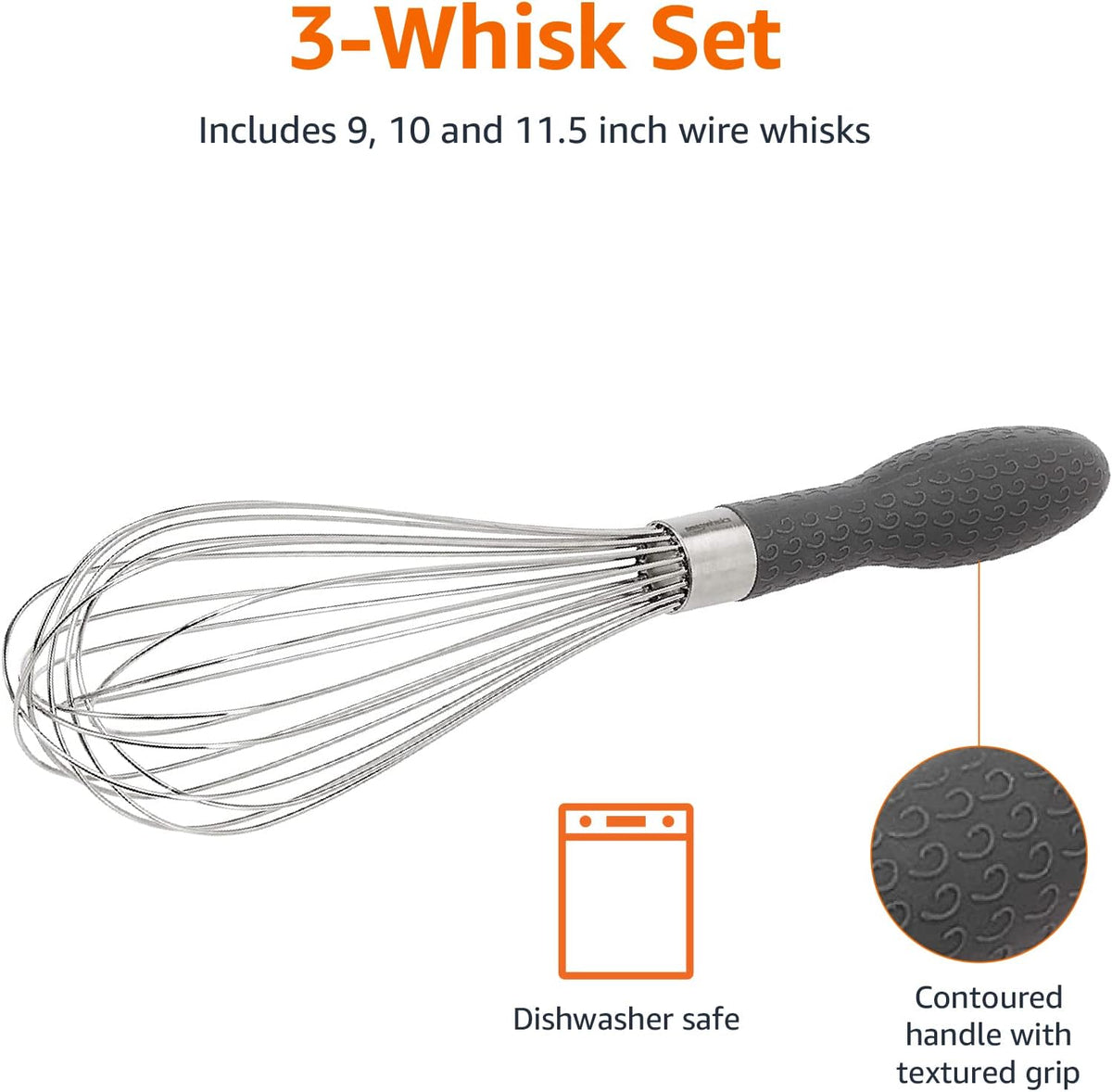 Stainless Steel Wire Whisk Set for Cooking, Different Sizes, Easy to Hold Ergonomic Handle, 3 Piece, Black/Silver