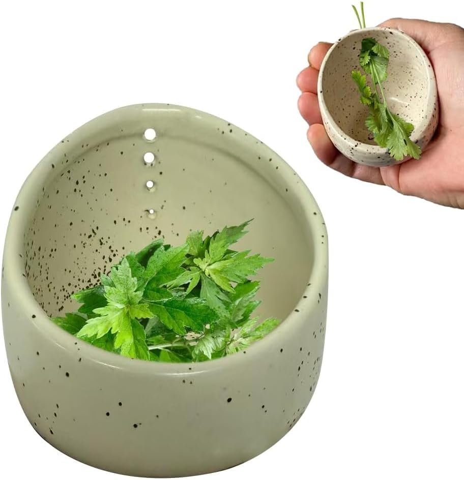 Pottery Herb Stripper Bowl, Handmade Ceramic Herb Peeling Cup with Different Round Hole Sizes for Efficient Leaf Removal, Ideal for Parsley, Cilantro, Rosemary & Cooking Salads (A)