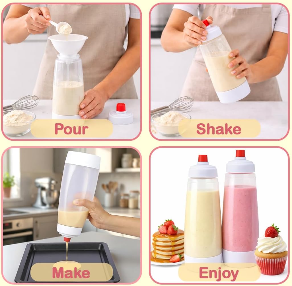 2 Pack Pancake Batter Dispenser - 1000ml Batter Dispenser with Whisk Ball and Stand Base - Waffle Batter Dispenser for Crepes, Cup Cakes and Waffles