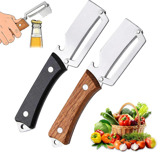 2 Pcs Multifunctional Vegetable Peeler with Wooden Handle and Bottle Opener, 2-in-1 Stainless Steel Peeler, Potato, Carrot, Apple, Fruit & Vegetable