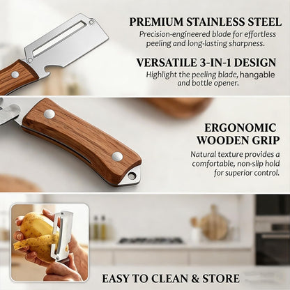 2 Pcs Multifunctional Vegetable Peeler with Wooden Handle and Bottle Opener, 2-in-1 Stainless Steel Peeler, Potato, Carrot, Apple, Fruit & Vegetable
