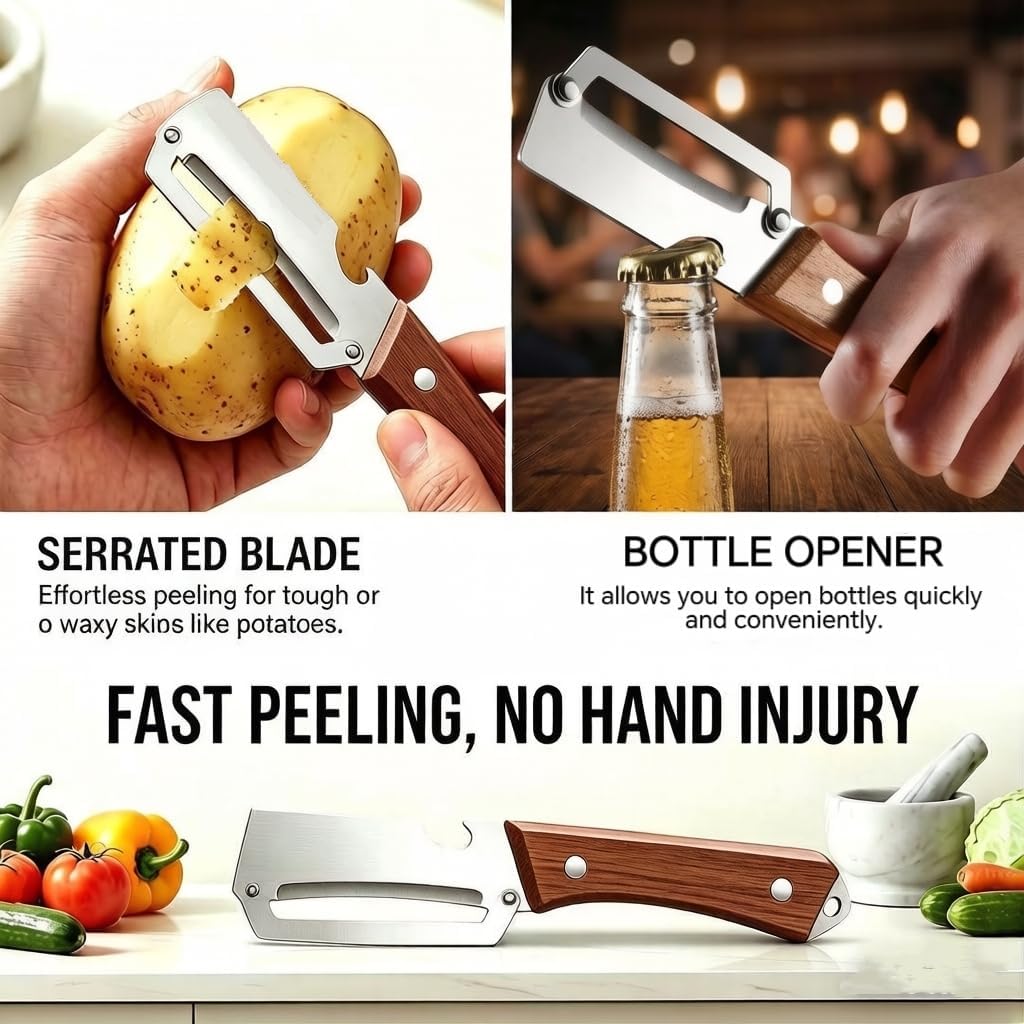 2 Pcs Multifunctional Vegetable Peeler with Wooden Handle and Bottle Opener, 2-in-1 Stainless Steel Peeler, Potato, Carrot, Apple, Fruit & Vegetable