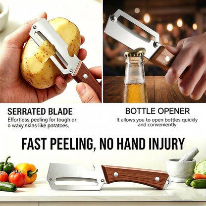 2 Pcs Multifunctional Vegetable Peeler with Wooden Handle and Bottle Opener, 2-in-1 Stainless Steel Peeler, Potato, Carrot, Apple, Fruit & Vegetable