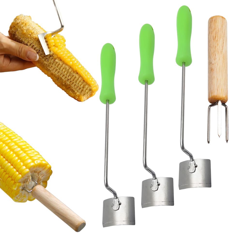 Easy Clean Corn Cob Peeler, 2025 New Corn On The Cob Stripper Tool with Long Handle, Stainless Steel Corn Cutter for Corn Cob With Corn Holder (Green-1 pcs)