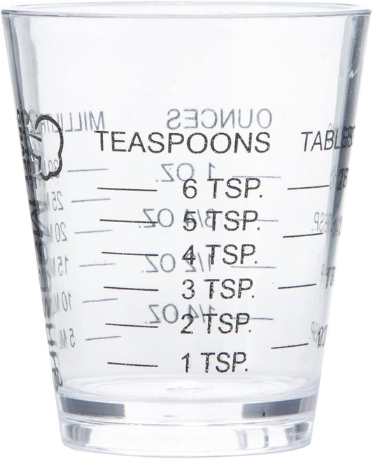 Classic Plastic Shot Glass Measurer, 1 ounce teaspoon/tablespoon, Clear