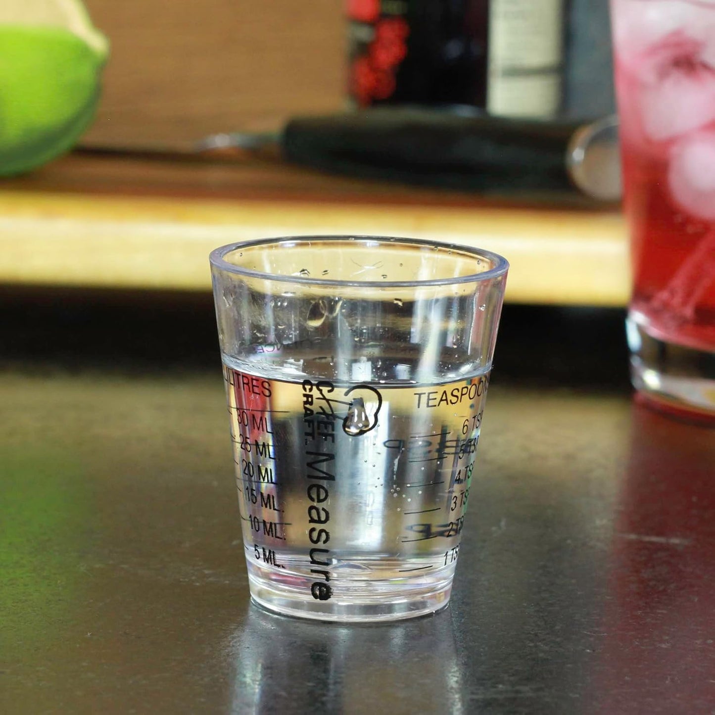 Classic Plastic Shot Glass Measurer, 1 ounce teaspoon/tablespoon, Clear