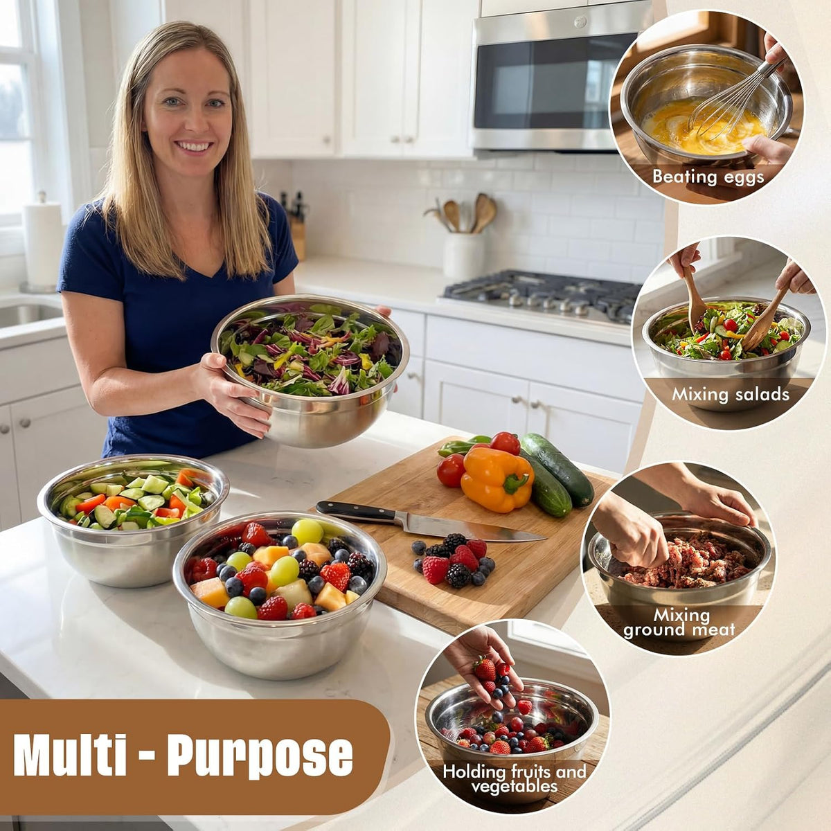 6 Pack Stainless Steel Mixing Bowls with Airtight Lids 3qt Metal Mixing Bowl Thicker Stainless Steel Salad Bowls for Food Prep, Baking, Storage, Cooking, Serving Dishwasher Safe (White Lid)