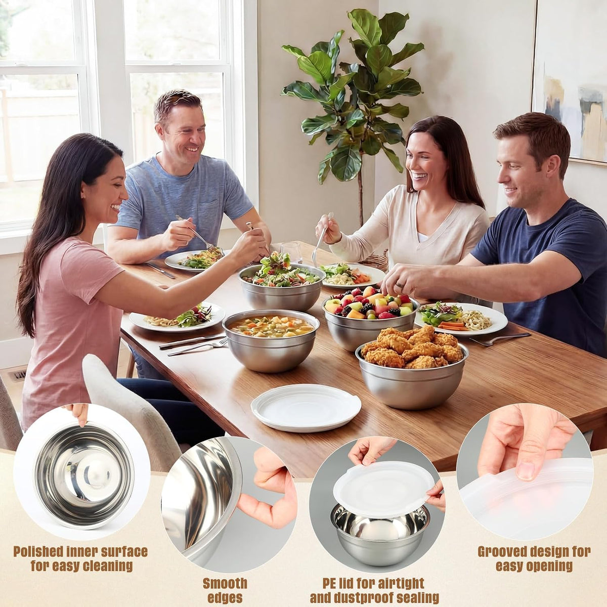 6 Pack Stainless Steel Mixing Bowls with Airtight Lids 3qt Metal Mixing Bowl Thicker Stainless Steel Salad Bowls for Food Prep, Baking, Storage, Cooking, Serving Dishwasher Safe (White Lid)