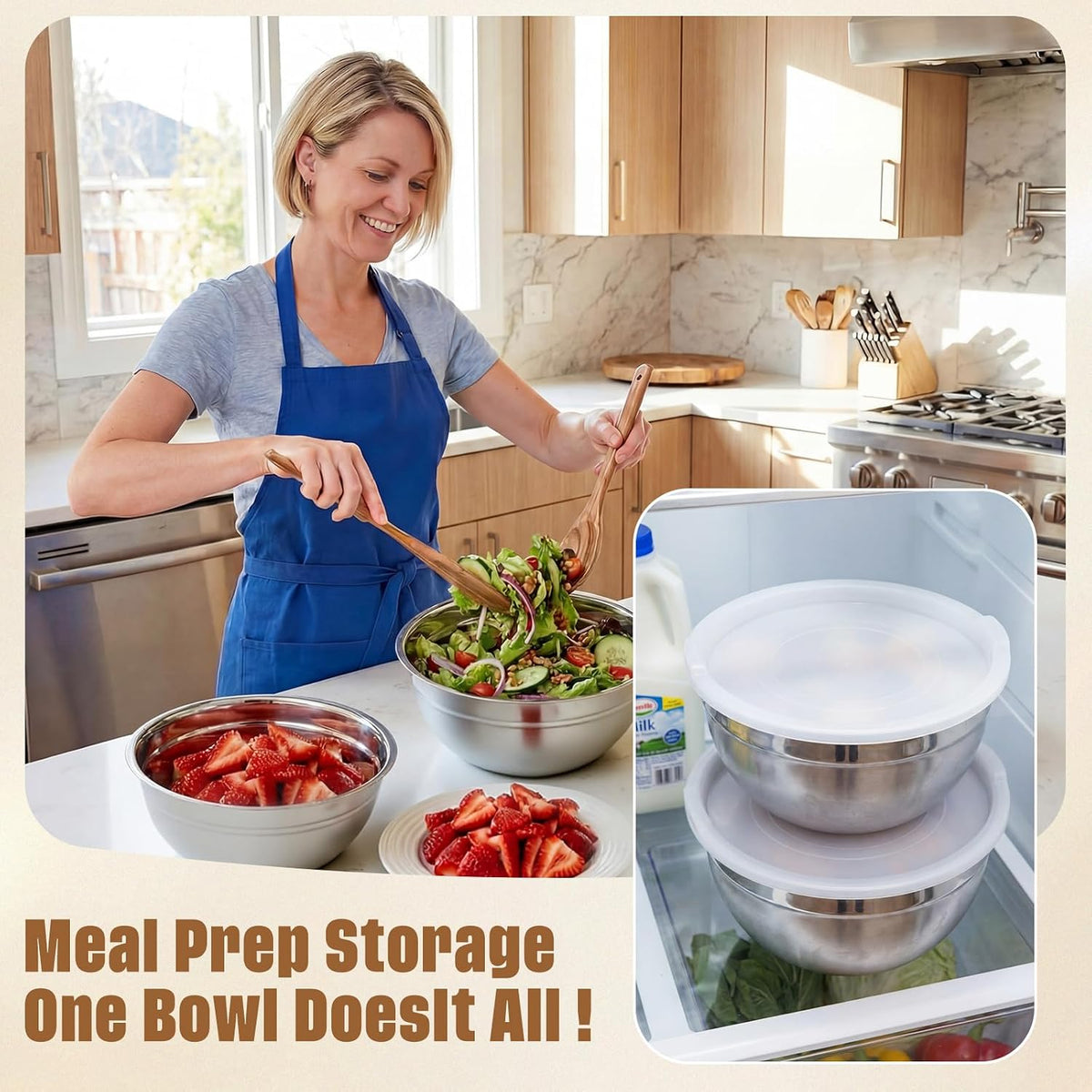 6 Pack Stainless Steel Mixing Bowls with Airtight Lids 3qt Metal Mixing Bowl Thicker Stainless Steel Salad Bowls for Food Prep, Baking, Storage, Cooking, Serving Dishwasher Safe (White Lid)