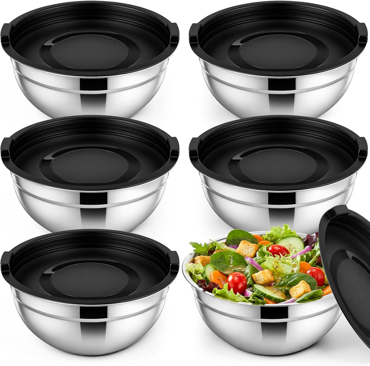 6 Pack Stainless Steel Mixing Bowls with Airtight Lids 3qt Metal Mixing Bowl Thicker Stainless Steel Salad Bowls for Food Prep, Baking, Storage, Cooking, Serving Dishwasher Safe (White Lid)