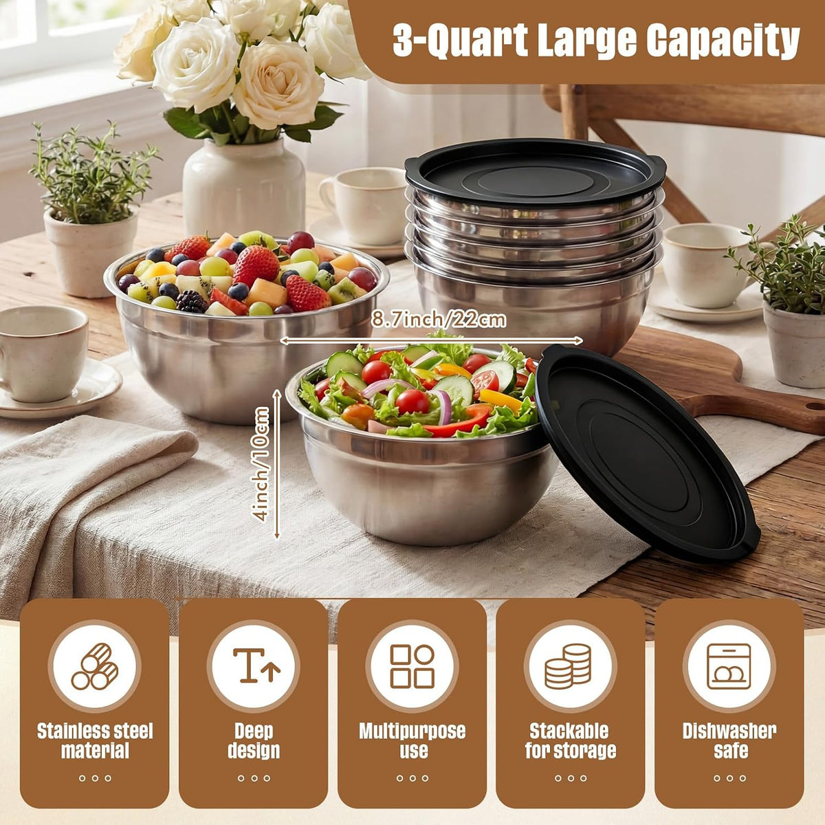 6 Pack Stainless Steel Mixing Bowls with Airtight Lids 3qt Metal Mixing Bowl Thicker Stainless Steel Salad Bowls for Food Prep, Baking, Storage, Cooking, Serving Dishwasher Safe (White Lid)