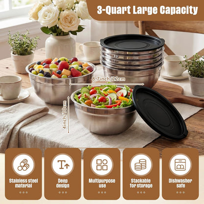 6 Pack Stainless Steel Mixing Bowls with Airtight Lids 3qt Metal Mixing Bowl Thicker Stainless Steel Salad Bowls for Food Prep, Baking, Storage, Cooking, Serving Dishwasher Safe (White Lid)