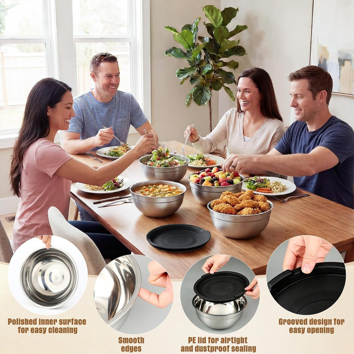 6 Pack Stainless Steel Mixing Bowls with Airtight Lids 3qt Metal Mixing Bowl Thicker Stainless Steel Salad Bowls for Food Prep, Baking, Storage, Cooking, Serving Dishwasher Safe (White Lid)