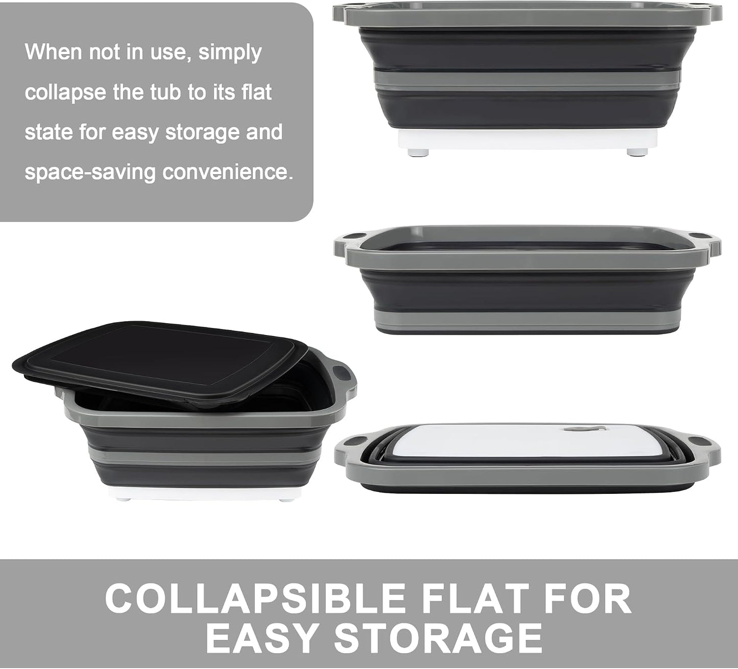 Collapsible Cutting Board with Container, Foldable Camping Sink with Colander, BBQ Prep Tub with Lid, Multifunction Dish Basin for Kitchen, Bowl, Vegetable and Fruit, 2.11 Gal/8L Storage Basket