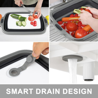 Collapsible Cutting Board with Container, Foldable Camping Sink with Colander, BBQ Prep Tub with Lid, Multifunction Dish Basin for Kitchen, Bowl, Vegetable and Fruit, 2.11 Gal/8L Storage Basket