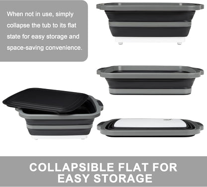 Collapsible Cutting Board with Container, Foldable Camping Sink with Colander, BBQ Prep Tub with Lid, Multifunction Dish Basin for Kitchen, Bowl, Vegetable and Fruit, 2.11 Gal/8L Storage Basket