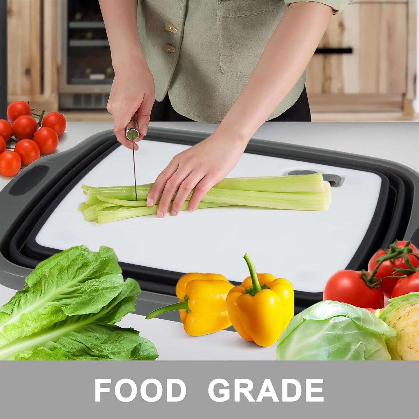 Collapsible Cutting Board with Container, Foldable Camping Sink with Colander, BBQ Prep Tub with Lid, Multifunction Dish Basin for Kitchen, Bowl, Vegetable and Fruit, 2.11 Gal/8L Storage Basket