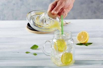 Lemon Squeezer, Portable Citrus Juicer, Crystal Reamer Manual Juicer with Handle and Spout for Fresh Juice, Lime Orange, Heavy Clear Glass