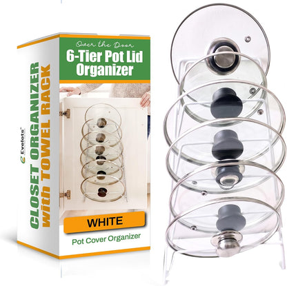 6-Slot Pot Lid Organizer, Cabinet Door or Wall Rack, White, 1-Pack | Six slots organize glass and metal pot or pan lids; mount on a cabinet door or pantry wall to maximize kitchen storage.